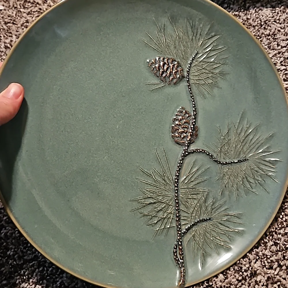 Pinecone Teal dinner Plate with raised pinecone Set Of 2 Plates